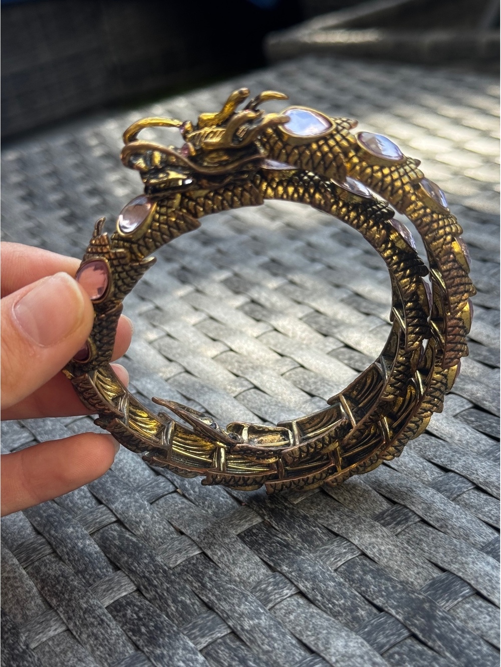 Gold Tone Dragon Cuff Bracelet Purple Stones Asian Statement Jewelry